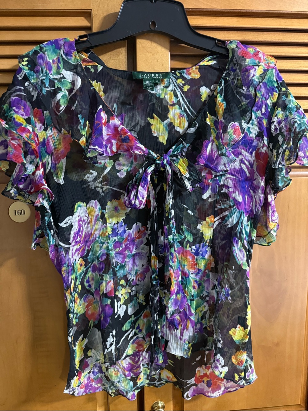 Lauren Ralph Lauren 100% Silk Floral Sheer Ruffle Blouse Tie Front Black Medium